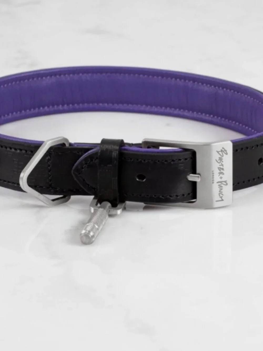 NWT Buster + Punch Leather Dog Leash - Black with Purple Trim Silver Size XL